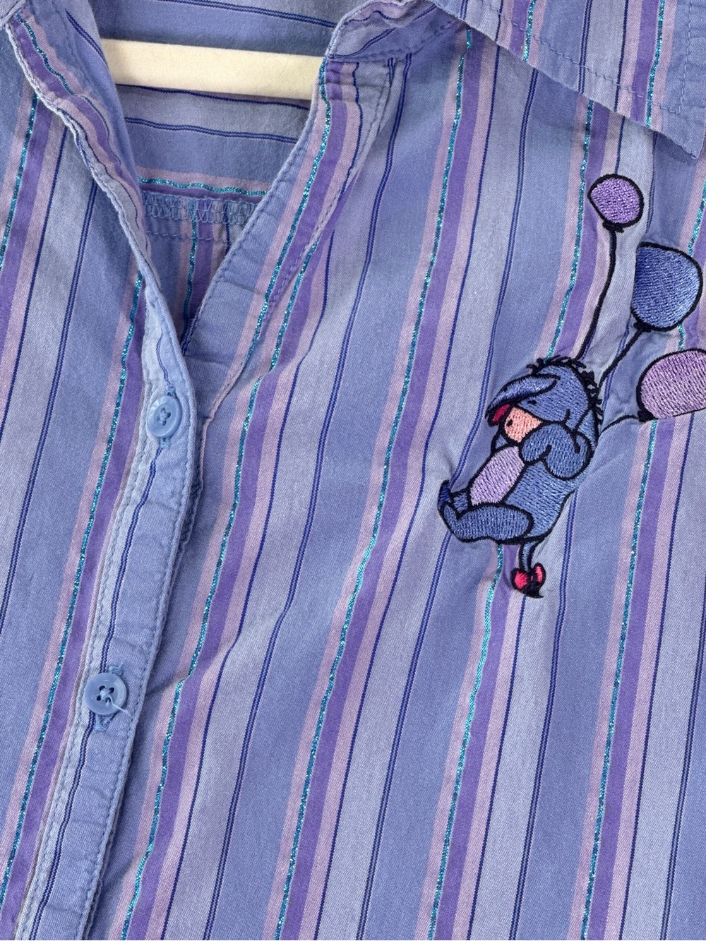 Pooh Sleeveless Blouse Embroidered Winnie Piglet Eeyore Striped Blue Purple L - Picture 3 of 12